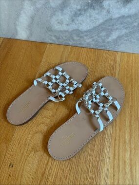 Valentino White Leather Woven Stud Slide Sandals